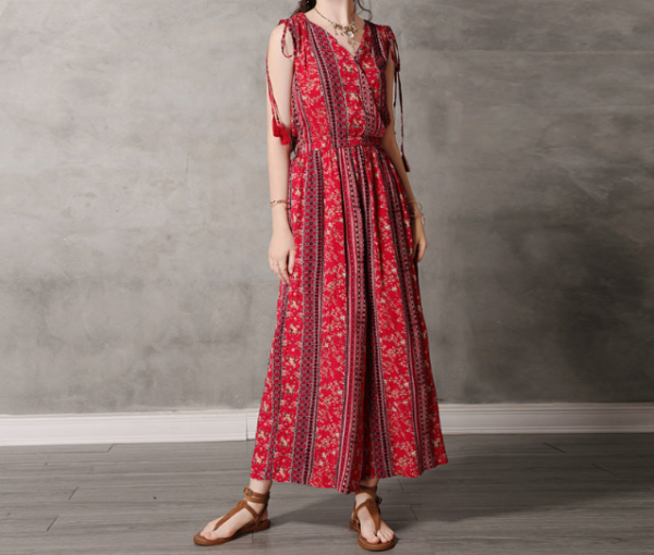 V-Neck print wide leg jumpsuits