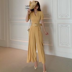 V-neck puff sleeve ruched jumpsuits with belt